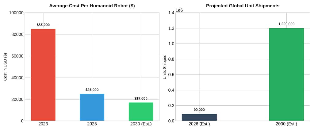 Chart showing humanoid robot costs dropping from $85,000 to $17,000 alongside projected shipment growth reaching 1.2 million units by 2030.