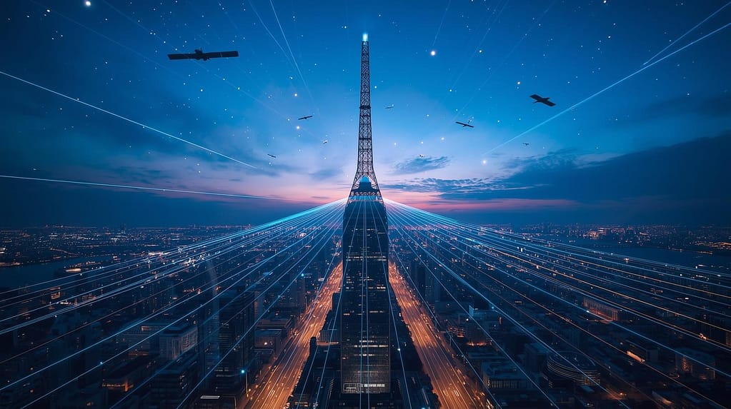 A futuristic 6G telecom tower atop a skyscraper in a modern smart city at twilight, with digital light streams connecting to orbiting satellites and underground fiber optic networks.