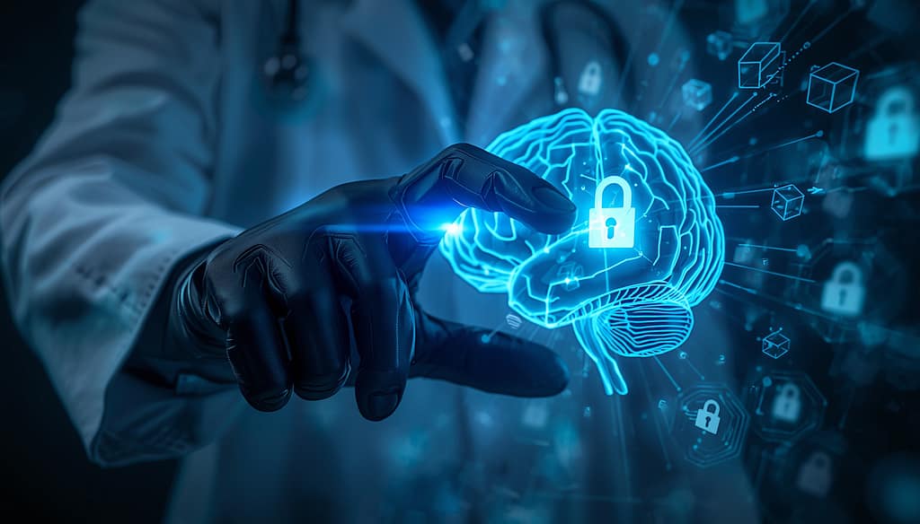 A close-up of a doctor interacting with a holographic human brain, with an integrated transparent blockchain ledger symbolizing AI-driven medical data security.