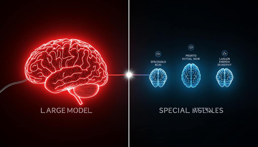 A side-by-side comparison illustrating a large, complex, power-hungry Large Language Model (LLM) versus three small, sleek, energy-efficient specialized AI agents (SLMs).