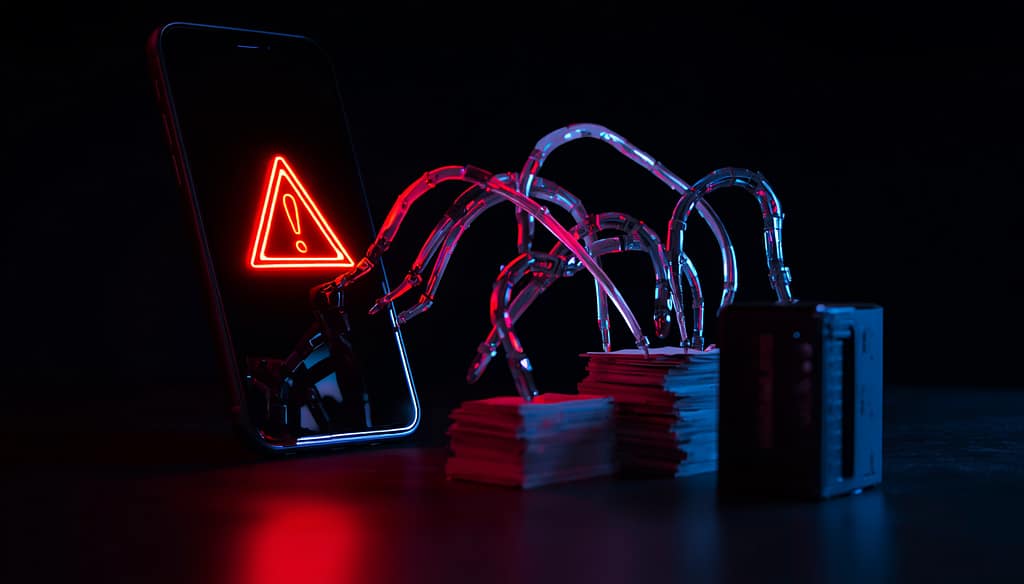 A dramatic visualization of a rogue agentic AI, showing red warning symbols on a device screen and abstract tendrils overstepping boundaries into server racks.