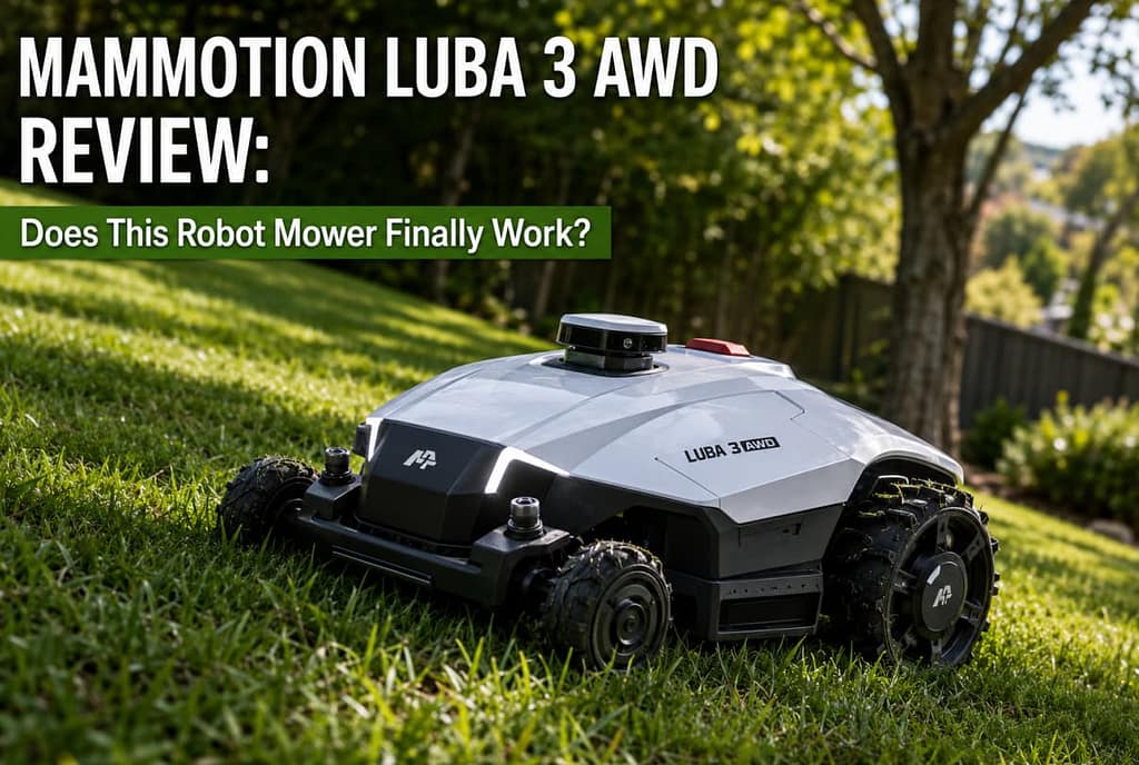 Mammotion LUBA 3 AWD robot mower climbing a sloped lawn