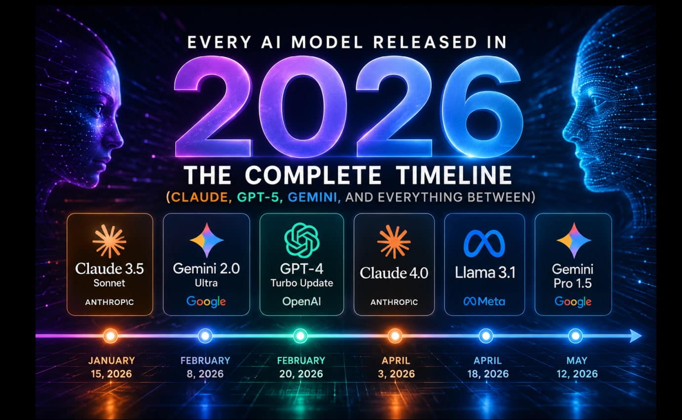 AI model releases in 2026 featuring GPT, Claude, Gemini, Llama and other AI models