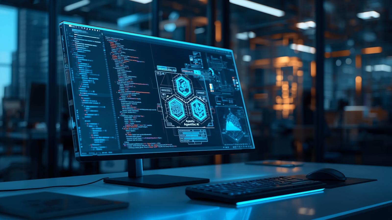 Futuristic 2026 software development interface showing Agentic AI and Vibe Coding workflows