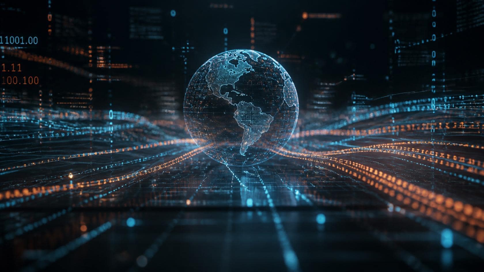 An abstract digital network grid featuring a three-dimensional glowing wireframe globe and floating blue data lines, representing a modern tech news platform.