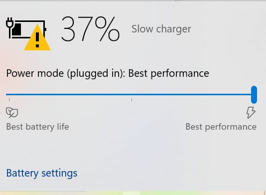 image of windows laptop showing slow charger