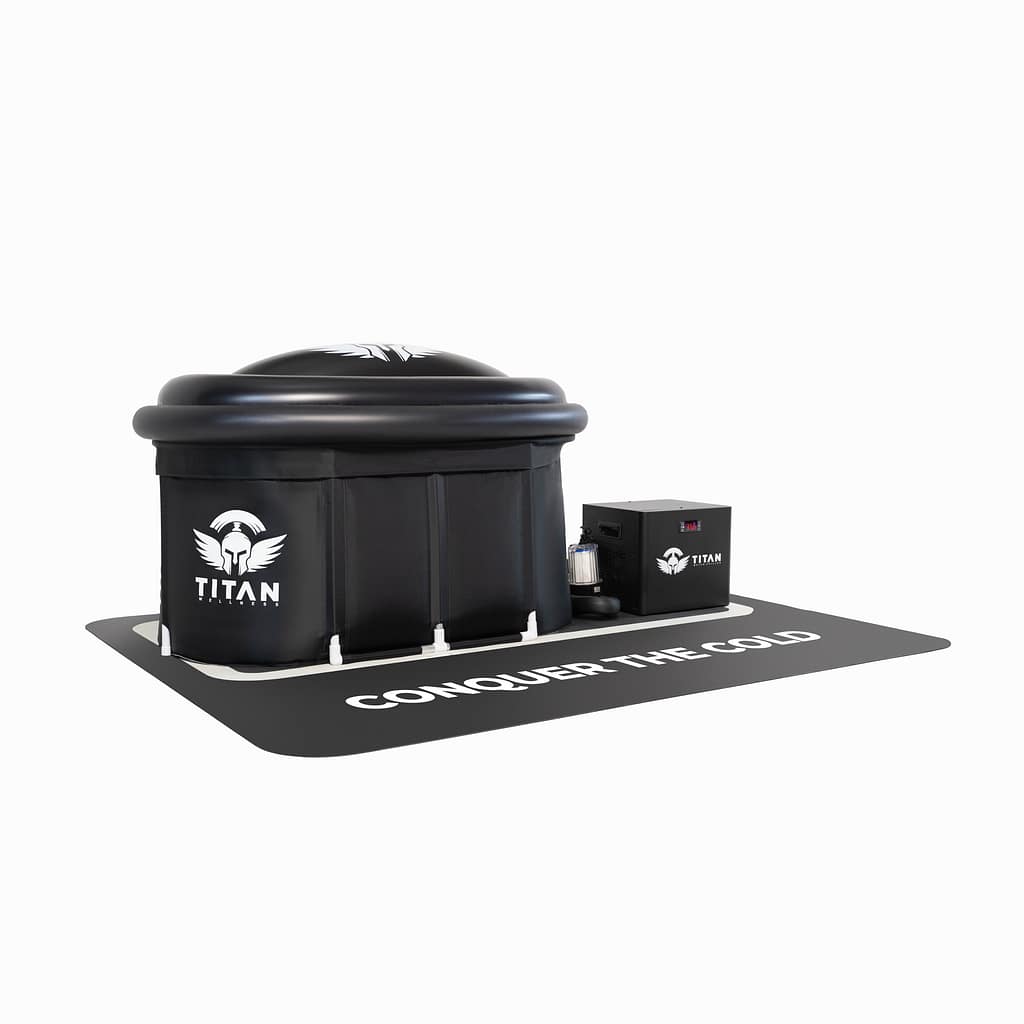 Titan Wellness cold plunge tub bundle with chiller and 'Conquer the Cold' mat.