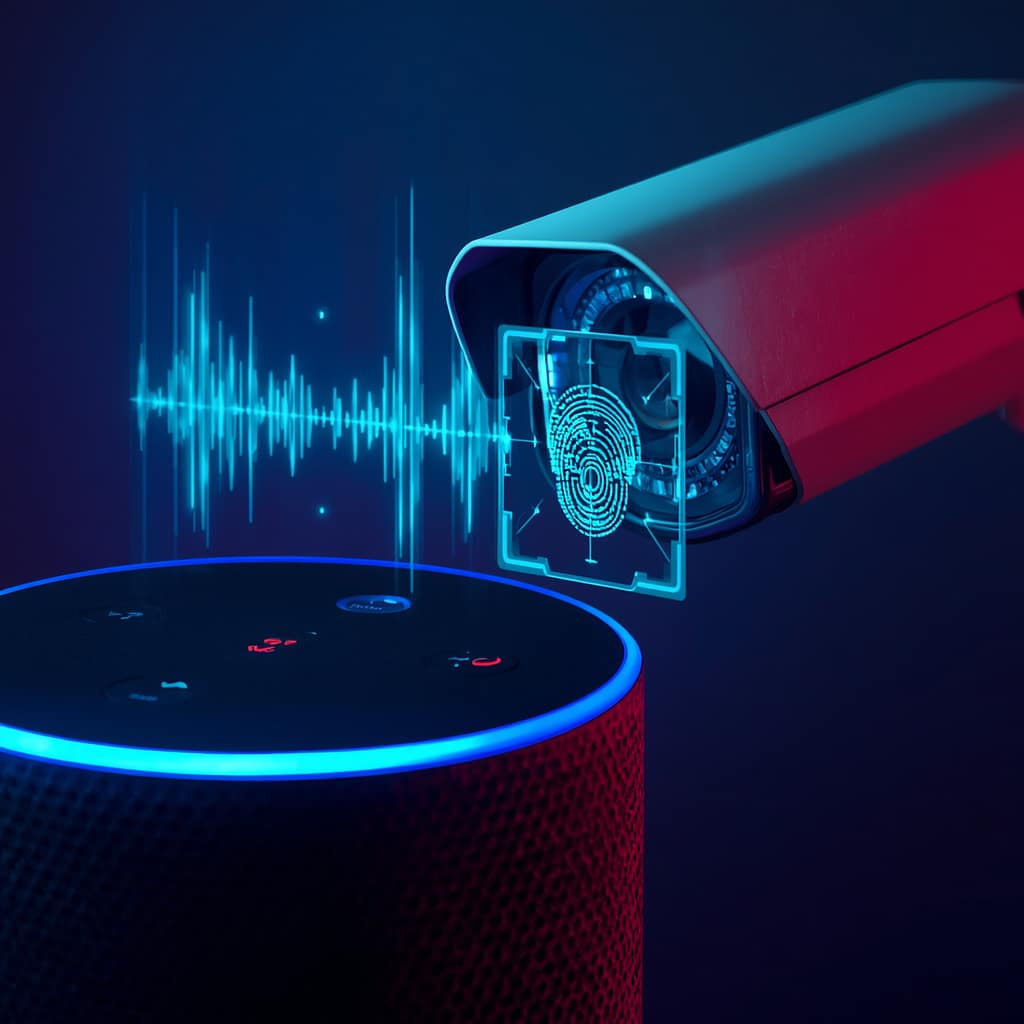 IoT devices like smart speakers and cameras tracking personal data and behavior