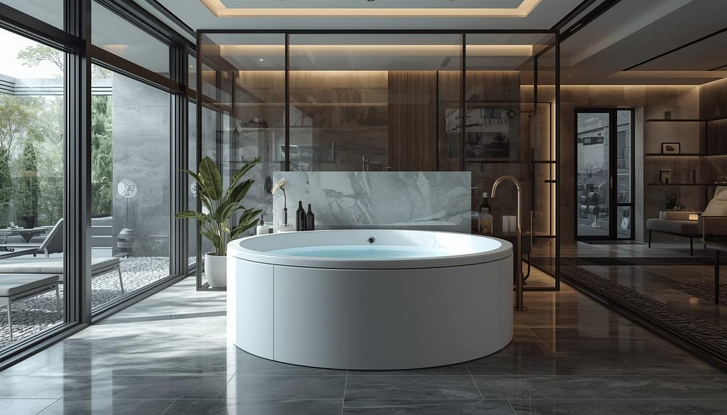 luxury cold plunge tub with built in chiller in modern home gym spa setup