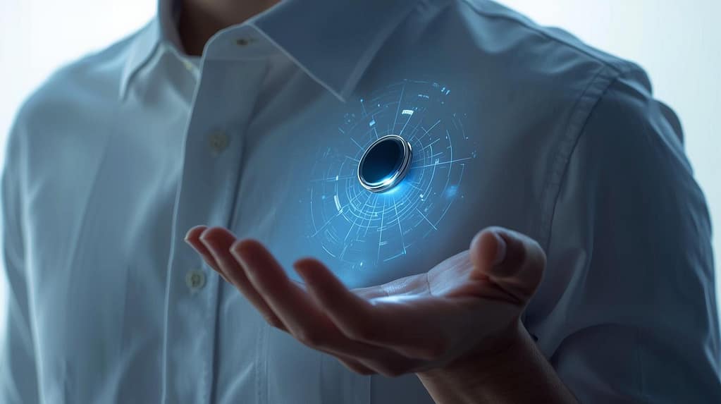 futuristic wearable AI pin device clipped on shirt