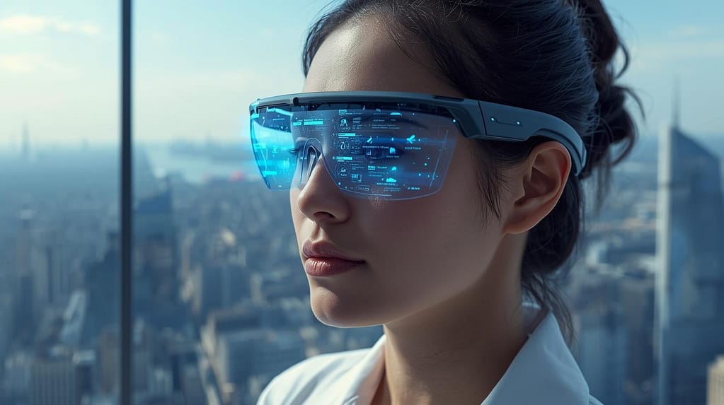 Smart glasses in 2026 displaying augmented reality interface with real time navigation and notifications