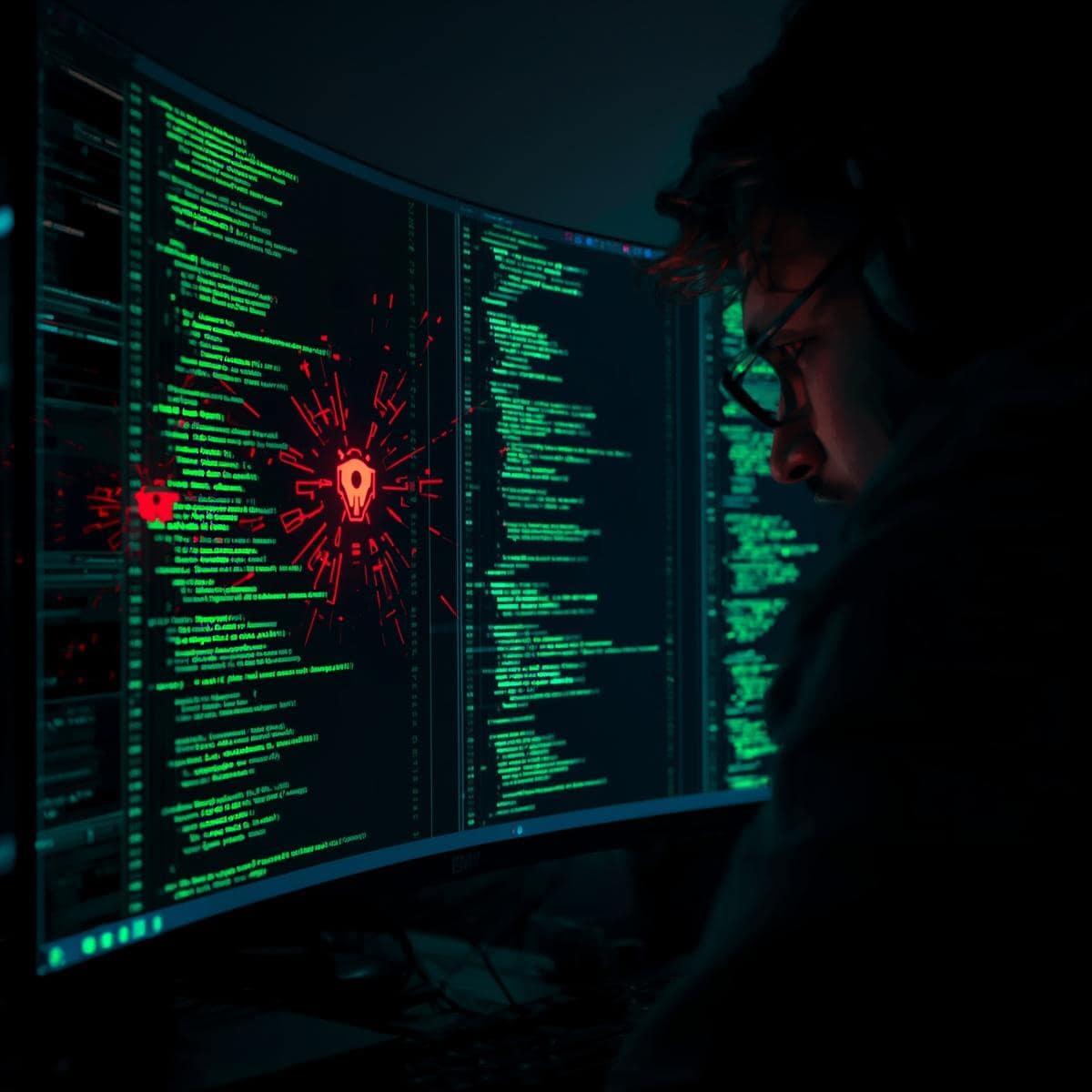 Developer analyzing glowing green code for hidden AI Code Security threats on a 2026 tech monitor
