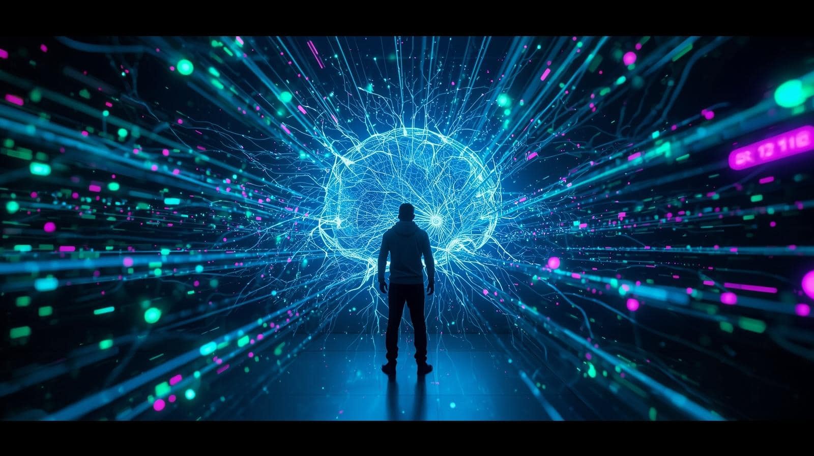 Silhouette against vibrant neural network.