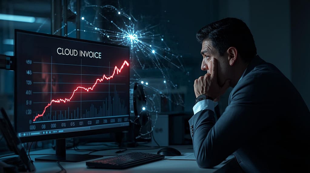 A distressed IT manager looking at a towering red line chart on his computer monitor showing a massive unexpected invoice representing hidden cloud costs in 2026