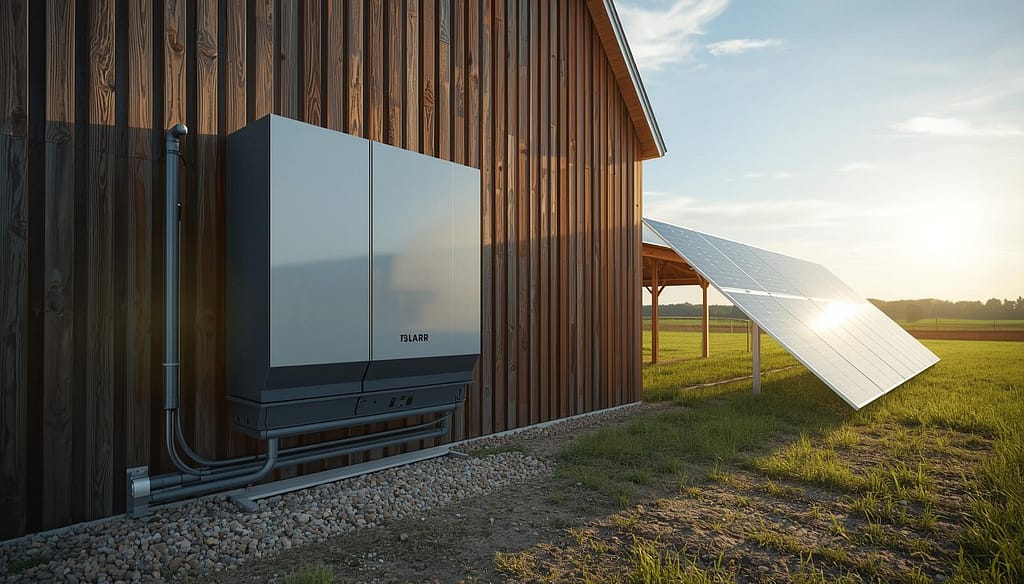 Modern stationary solar battery system mounted on a rustic wooden barn with nearby solar panels.