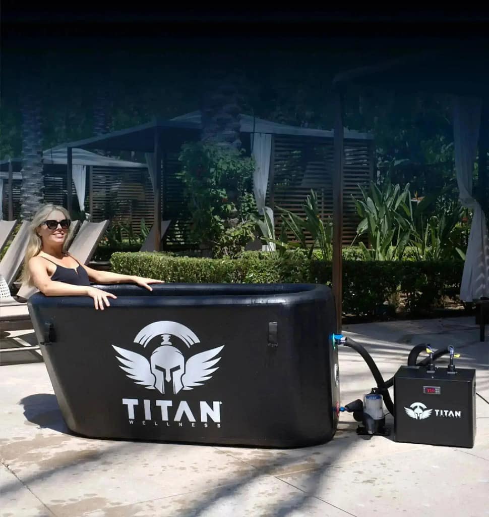 A woman enjoying Triumph-Cold-Plunge-Tub-Chiller-Bundle Titan-Wellnes