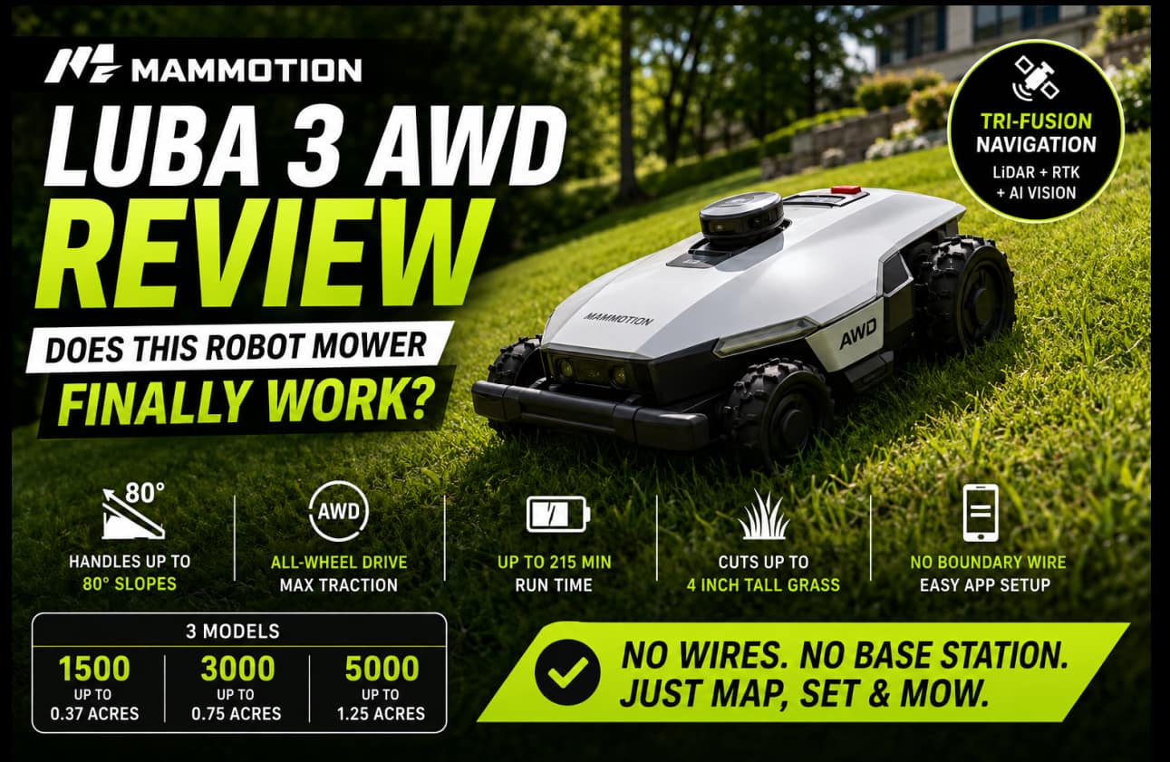 Mammotion LUBA 3 AWD robot mower on a sloped lawn with all wheel drive and wire free navigation.