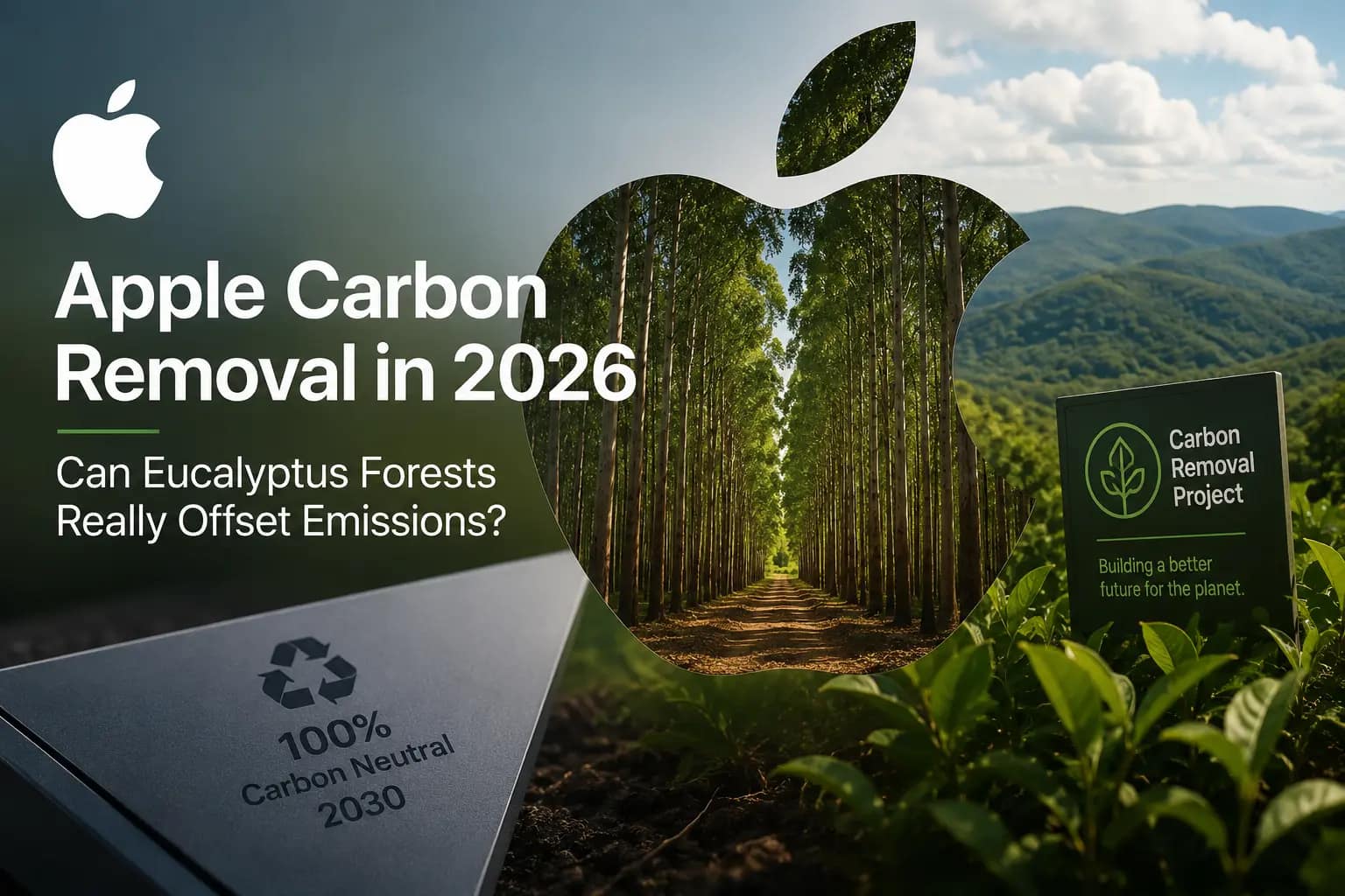 Apple carbon removal strategy featuring eucalyptus forests and nature based carbon removal projects.